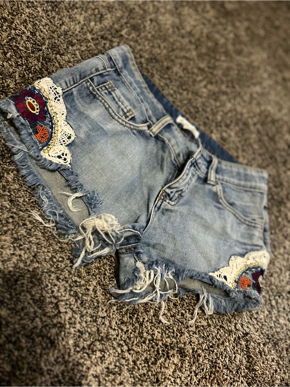 Others Follow Light Blue Denim Cutoff Shorts with Embroidered Floral Accents